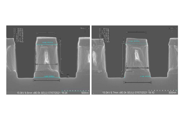 Слой Al-Cu толщиной 4000А в случае формирования плотно расположенных структур (центр и край пластины соответственно)